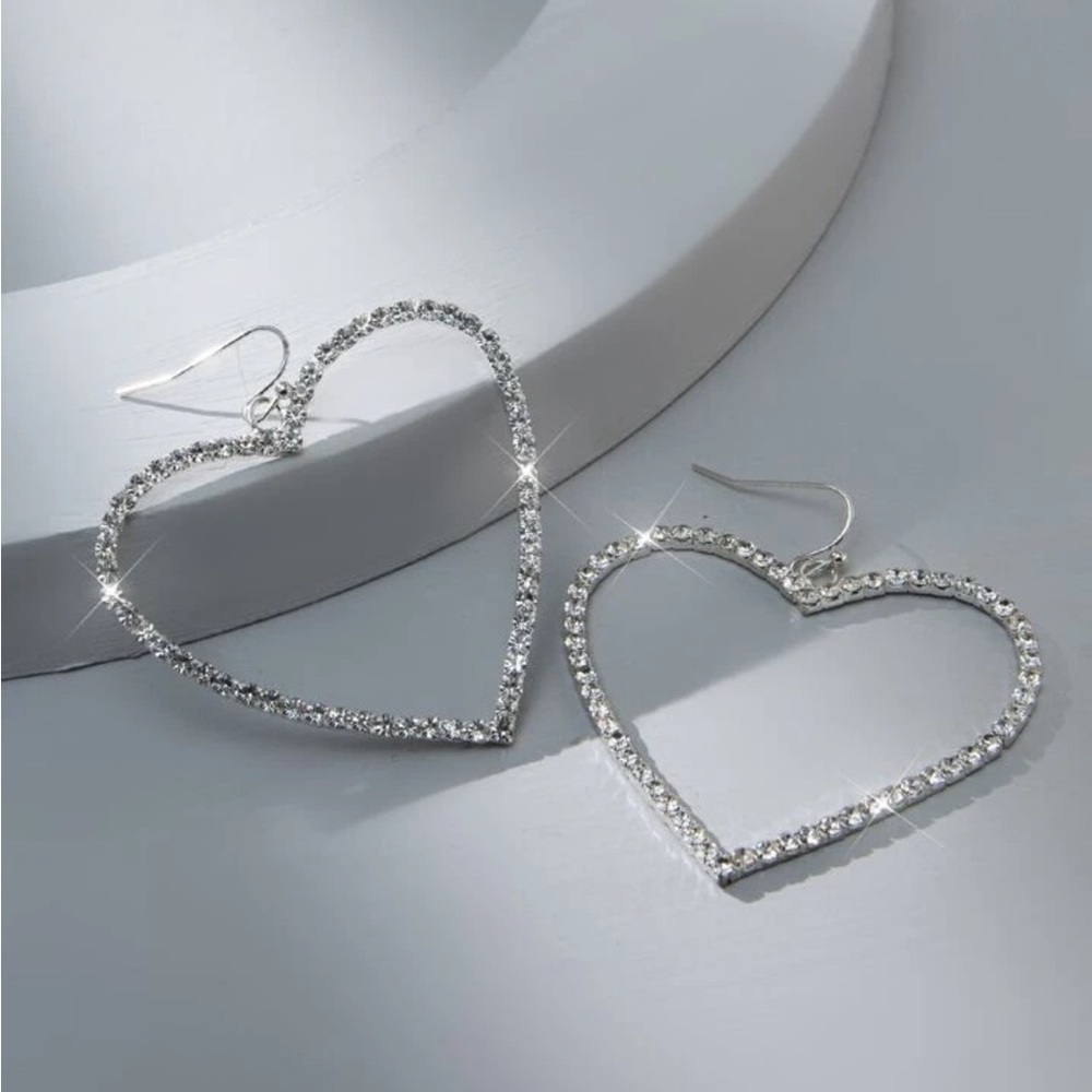 Cali Big Heart Design Sparkling Rhinestone Earrings silver 2.2”x1.60”